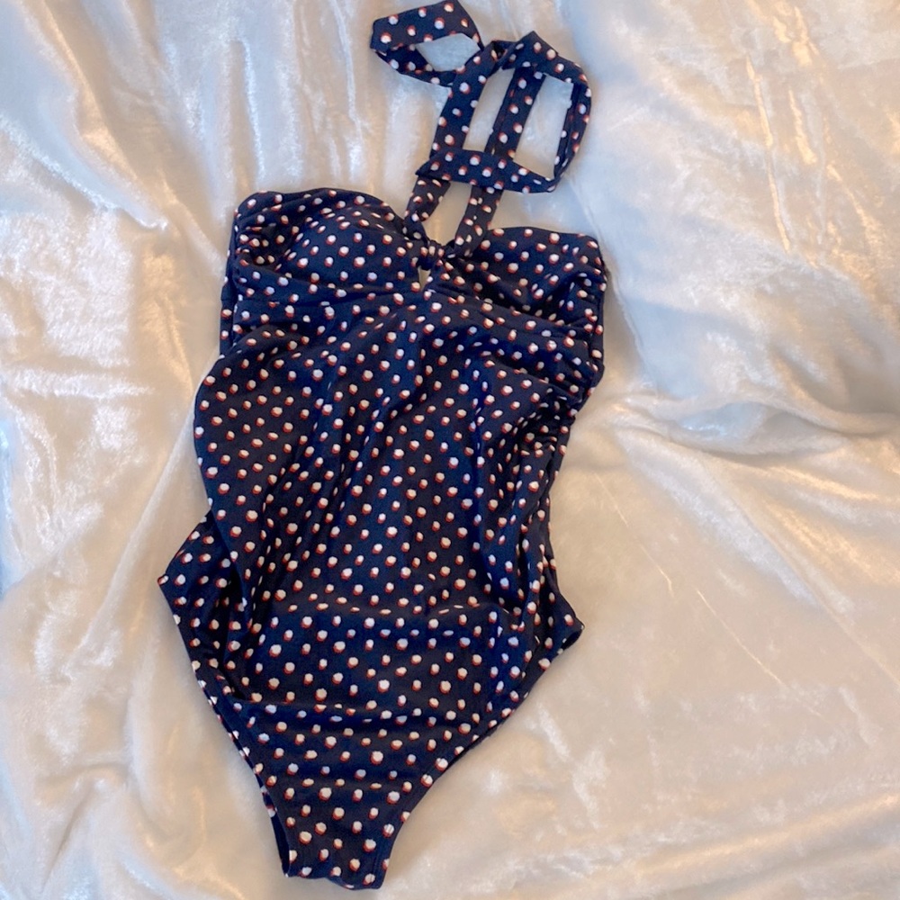 maternity bathing suit. Navy blue w/ red & white polka dots. Size S. EUC.